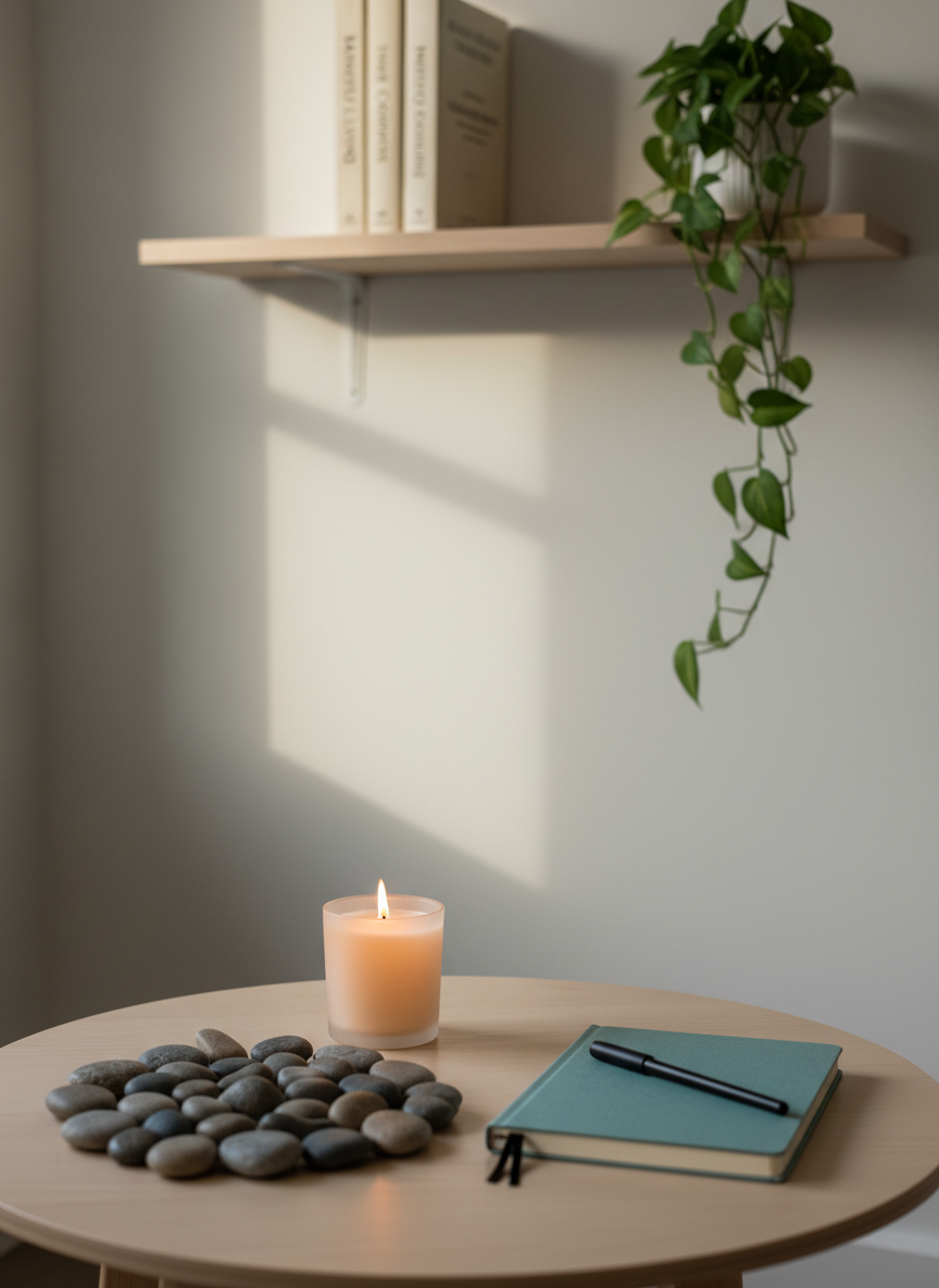 A serene corner of a therapy room dedicated to emotional clarity work, without any people, featuring a round light-wood table with a single flickering beeswax candle in a frosted glass holder, a set of smooth river stones arranged in a small spiral, and a softly textured teal notebook with a fine-line pen resting on top. The background shows a matte off-white wall with a simple floating shelf holding a few carefully chosen mindfulness books and a trailing green plant. Late afternoon natural light filters through a nearby window, creating gentle highlights on the stones and velvety shadows on the wall. Photographic realism, composed with rule of thirds and shallow depth of field, conveying introspection, grounding, and emotional safety.